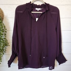 $80 Calvin Klein Women's Purple Ruffle Trim Long Sleeve Blouse Top Size XS